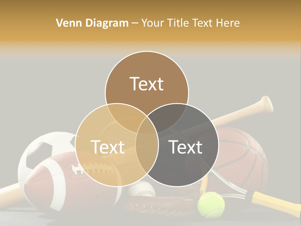 A Variety Of Sports Equipment On A Black Background Including An American Football, A Soccer Ball, A Baseball, A Baseball Bat, A Tennis Raquet, A Tennis Ball, And A Basketball PowerPoint Template