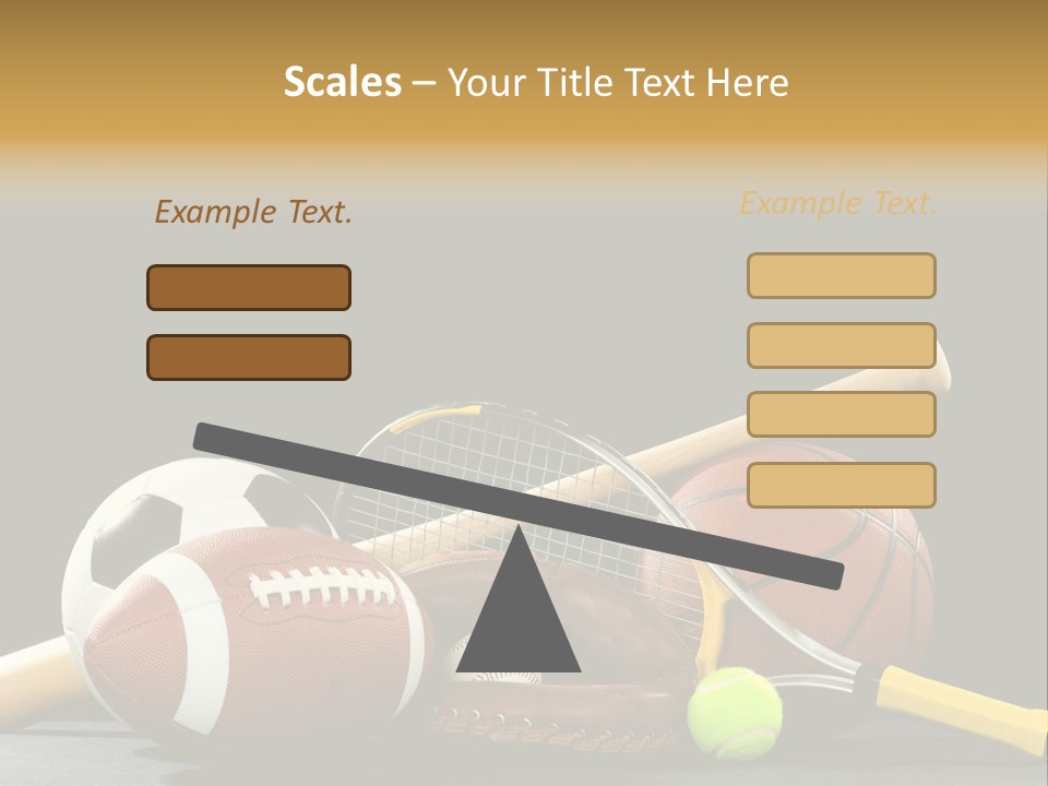 A Variety Of Sports Equipment On A Black Background Including An American Football, A Soccer Ball, A Baseball, A Baseball Bat, A Tennis Raquet, A Tennis Ball, And A Basketball PowerPoint Template