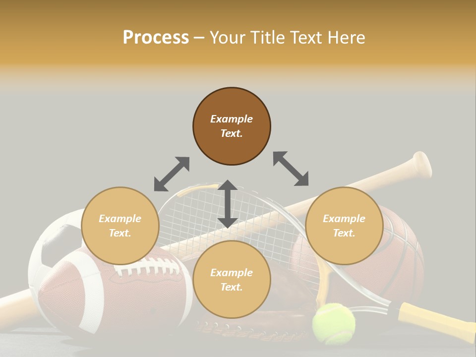 A Variety Of Sports Equipment On A Black Background Including An American Football, A Soccer Ball, A Baseball, A Baseball Bat, A Tennis Raquet, A Tennis Ball, And A Basketball PowerPoint Template