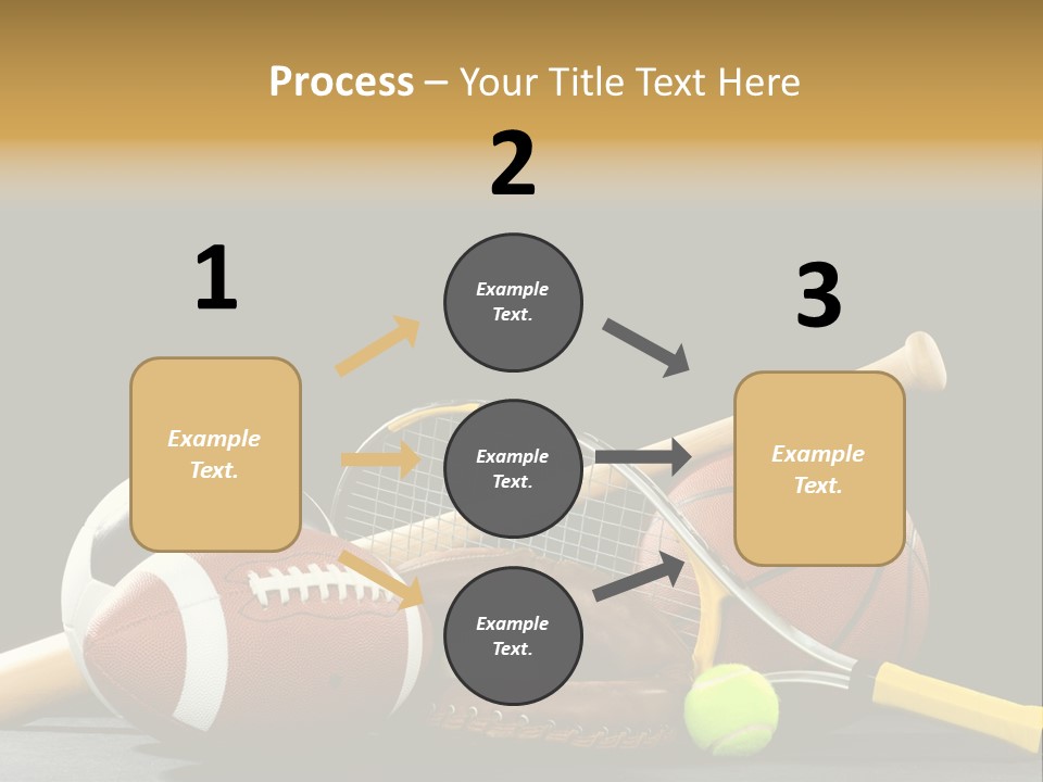 A Variety Of Sports Equipment On A Black Background Including An American Football, A Soccer Ball, A Baseball, A Baseball Bat, A Tennis Raquet, A Tennis Ball, And A Basketball PowerPoint Template