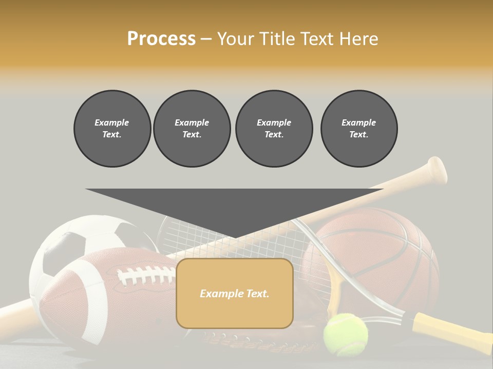A Variety Of Sports Equipment On A Black Background Including An American Football, A Soccer Ball, A Baseball, A Baseball Bat, A Tennis Raquet, A Tennis Ball, And A Basketball PowerPoint Template