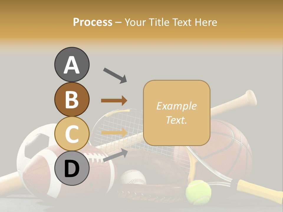 A Variety Of Sports Equipment On A Black Background Including An American Football, A Soccer Ball, A Baseball, A Baseball Bat, A Tennis Raquet, A Tennis Ball, And A Basketball PowerPoint Template