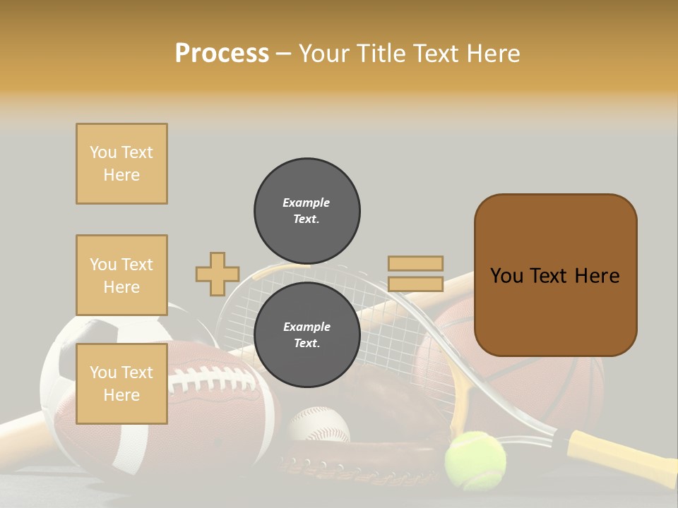 A Variety Of Sports Equipment On A Black Background Including An American Football, A Soccer Ball, A Baseball, A Baseball Bat, A Tennis Raquet, A Tennis Ball, And A Basketball PowerPoint Template