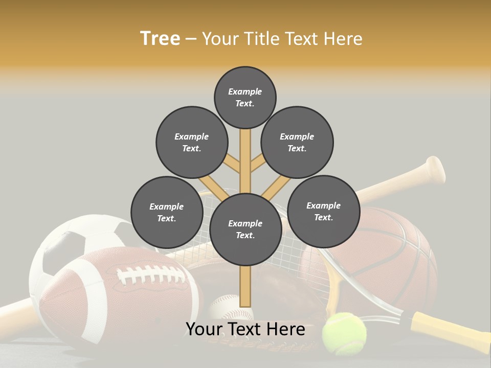 A Variety Of Sports Equipment On A Black Background Including An American Football, A Soccer Ball, A Baseball, A Baseball Bat, A Tennis Raquet, A Tennis Ball, And A Basketball PowerPoint Template