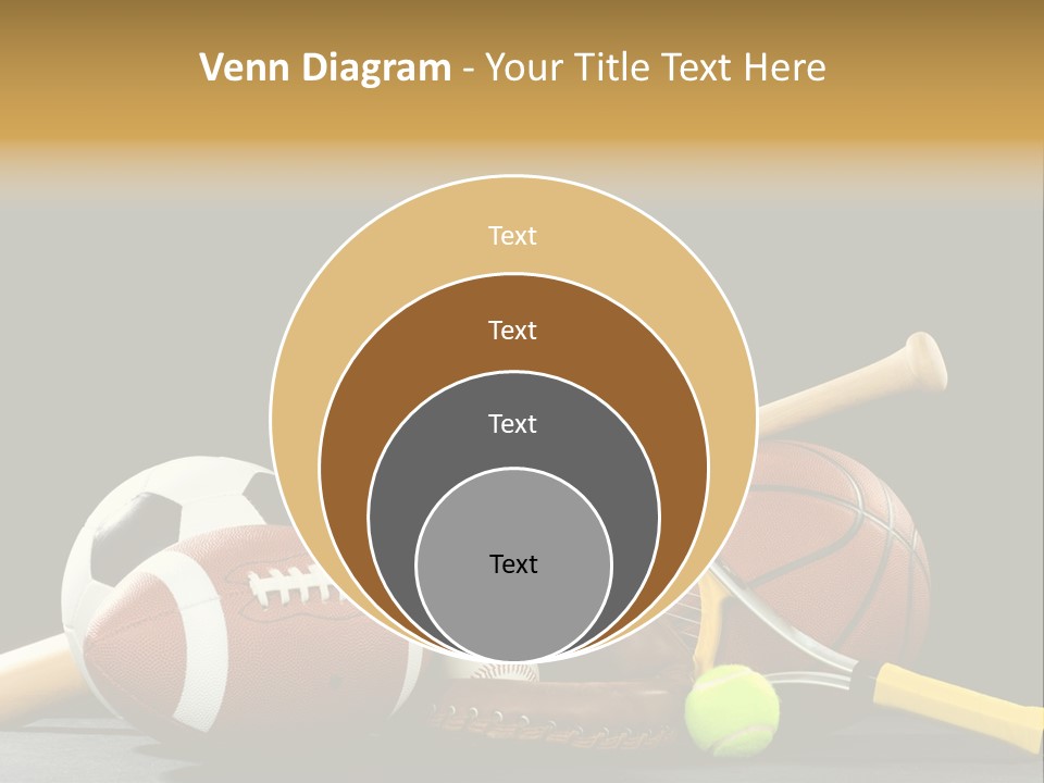 A Variety Of Sports Equipment On A Black Background Including An American Football, A Soccer Ball, A Baseball, A Baseball Bat, A Tennis Raquet, A Tennis Ball, And A Basketball PowerPoint Template