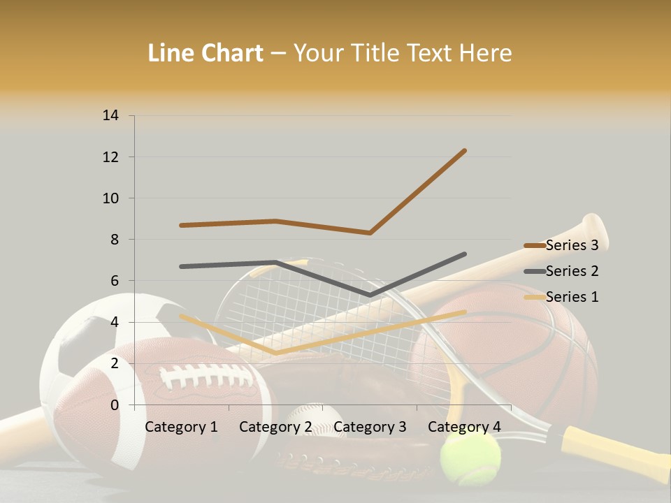 A Variety Of Sports Equipment On A Black Background Including An American Football, A Soccer Ball, A Baseball, A Baseball Bat, A Tennis Raquet, A Tennis Ball, And A Basketball PowerPoint Template