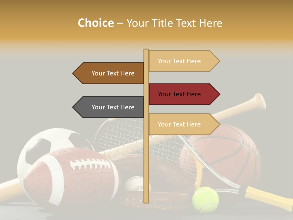 A Variety Of Sports Equipment On A Black Background Including An American Football, A Soccer Ball, A Baseball, A Baseball Bat, A Tennis Raquet, A Tennis Ball, And A Basketball PowerPoint Template