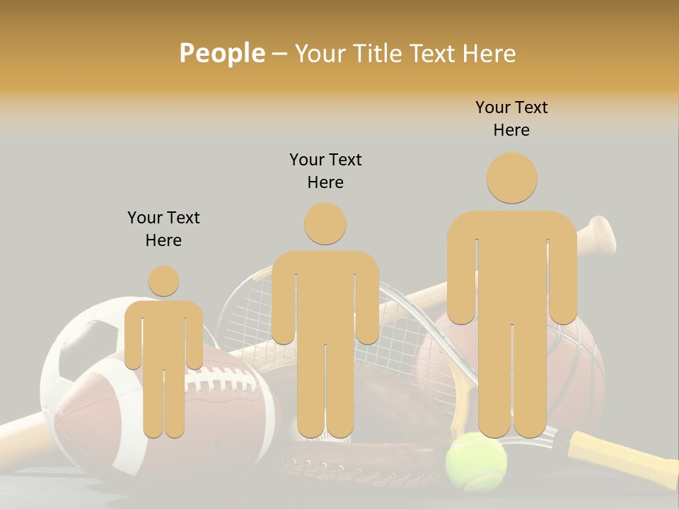 A Variety Of Sports Equipment On A Black Background Including An American Football, A Soccer Ball, A Baseball, A Baseball Bat, A Tennis Raquet, A Tennis Ball, And A Basketball PowerPoint Template