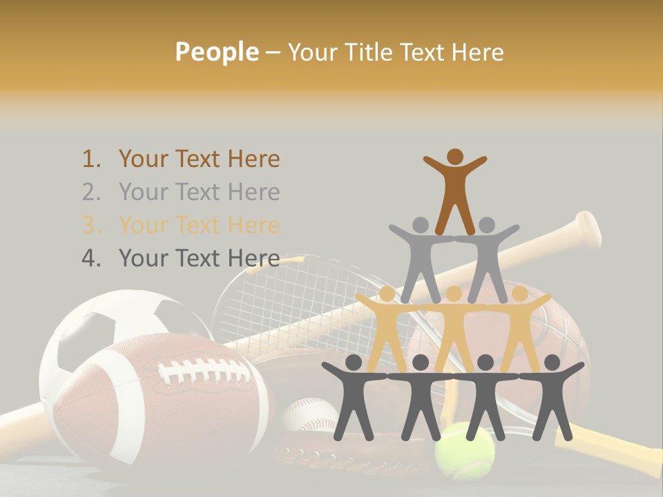 A Variety Of Sports Equipment On A Black Background Including An American Football, A Soccer Ball, A Baseball, A Baseball Bat, A Tennis Raquet, A Tennis Ball, And A Basketball PowerPoint Template