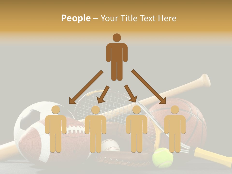 A Variety Of Sports Equipment On A Black Background Including An American Football, A Soccer Ball, A Baseball, A Baseball Bat, A Tennis Raquet, A Tennis Ball, And A Basketball PowerPoint Template