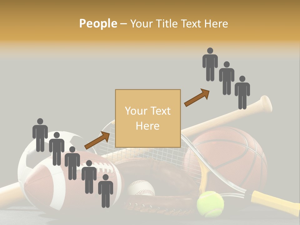 A Variety Of Sports Equipment On A Black Background Including An American Football, A Soccer Ball, A Baseball, A Baseball Bat, A Tennis Raquet, A Tennis Ball, And A Basketball PowerPoint Template