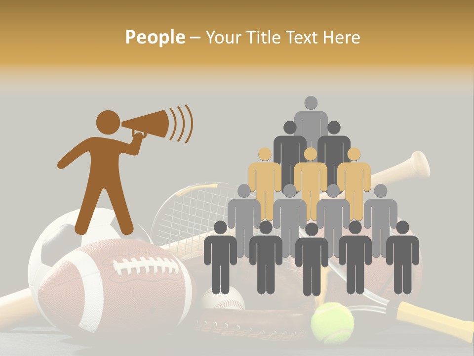 A Variety Of Sports Equipment On A Black Background Including An American Football, A Soccer Ball, A Baseball, A Baseball Bat, A Tennis Raquet, A Tennis Ball, And A Basketball PowerPoint Template