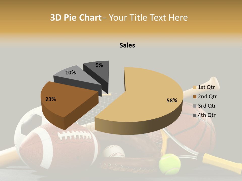 A Variety Of Sports Equipment On A Black Background Including An American Football, A Soccer Ball, A Baseball, A Baseball Bat, A Tennis Raquet, A Tennis Ball, And A Basketball PowerPoint Template
