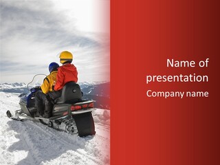 Man And Woman Riding On Snowmobile In Snowy Mountainous Terrain. PowerPoint Template