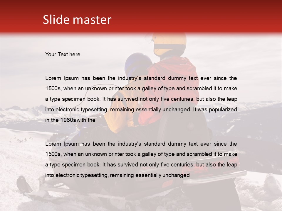 Man And Woman Riding On Snowmobile In Snowy Mountainous Terrain. PowerPoint Template