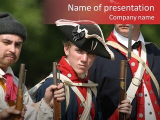 Three Continental Regular Soldiers Stand In Formation Before Battle. PowerPoint Template