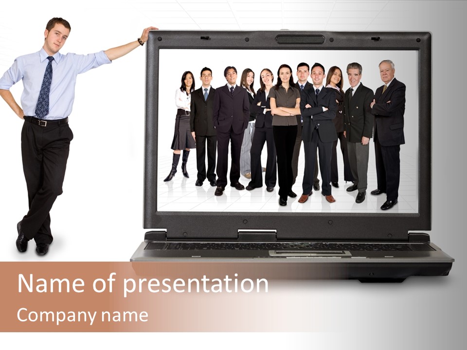 Business Online Team In A Laptop Computer With A Businessman Next To It PowerPoint Template