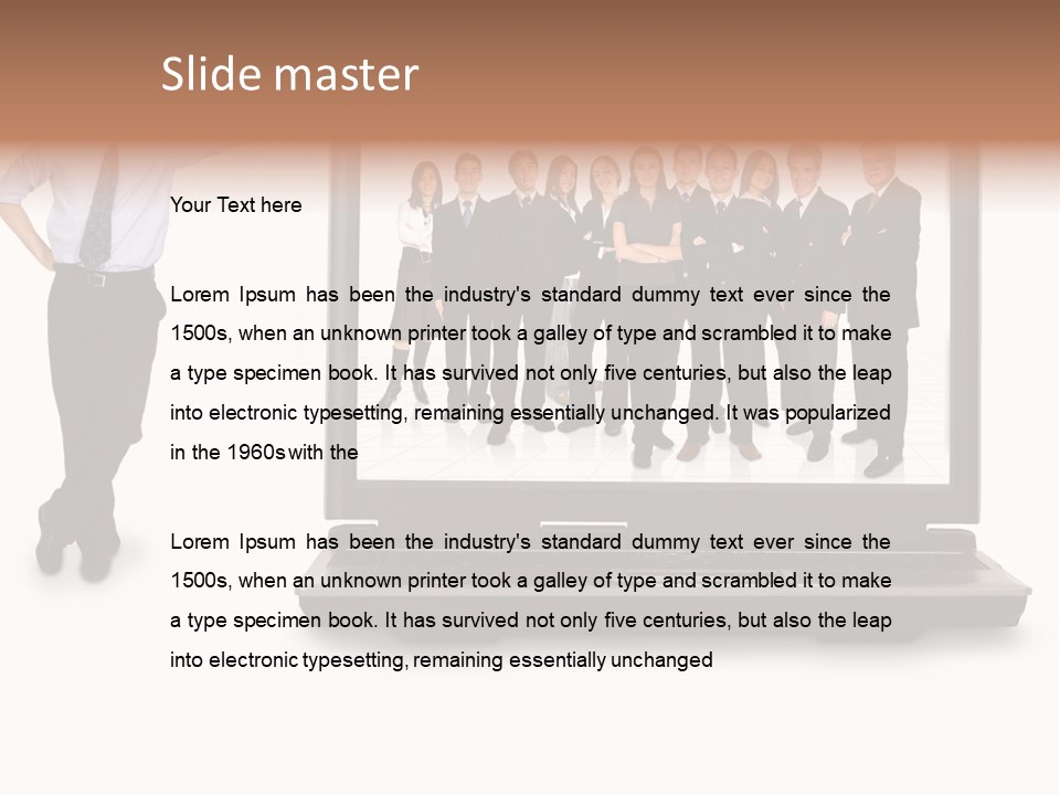 Business Online Team In A Laptop Computer With A Businessman Next To It PowerPoint Template