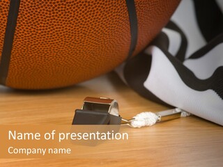 Basketball Referee Items Including A Whistle, A Jersey And A Basketball On A Gym Floor PowerPoint Template