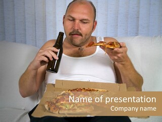 Unhealthy Fat Man Sitting On Couch Drinking Beer And Eating Pizza PowerPoint Template