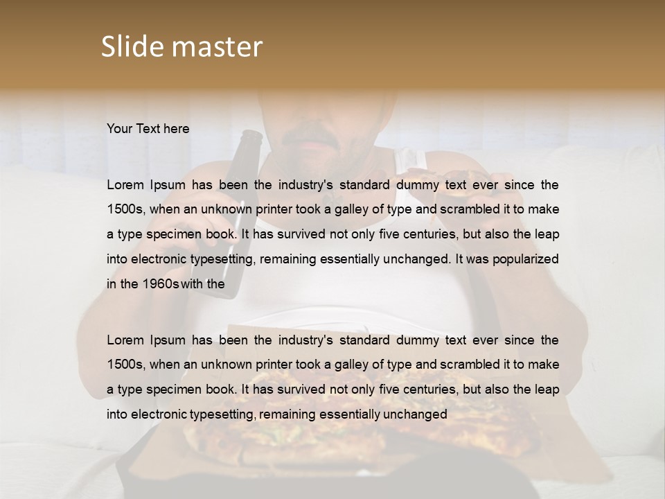 Unhealthy Fat Man Sitting On Couch Drinking Beer And Eating Pizza PowerPoint Template