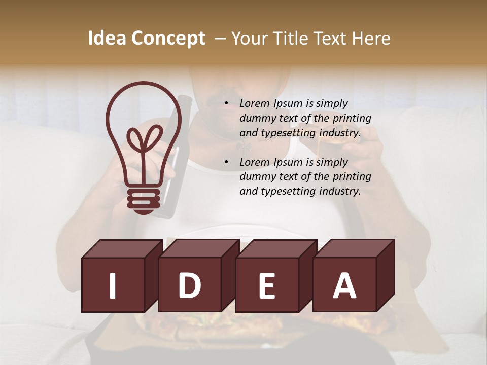 Unhealthy Fat Man Sitting On Couch Drinking Beer And Eating Pizza PowerPoint Template