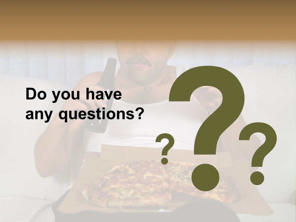 Unhealthy Fat Man Sitting On Couch Drinking Beer And Eating Pizza PowerPoint Template