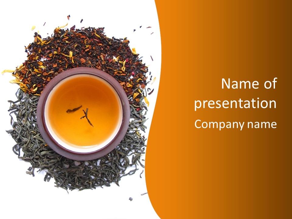 A Mix Green, Black And Flower Tea Leaves With Cup Of Tea PowerPoint Template