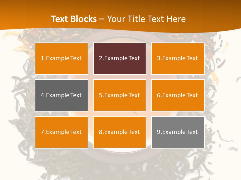 A Mix Green, Black And Flower Tea Leaves With Cup Of Tea PowerPoint Template