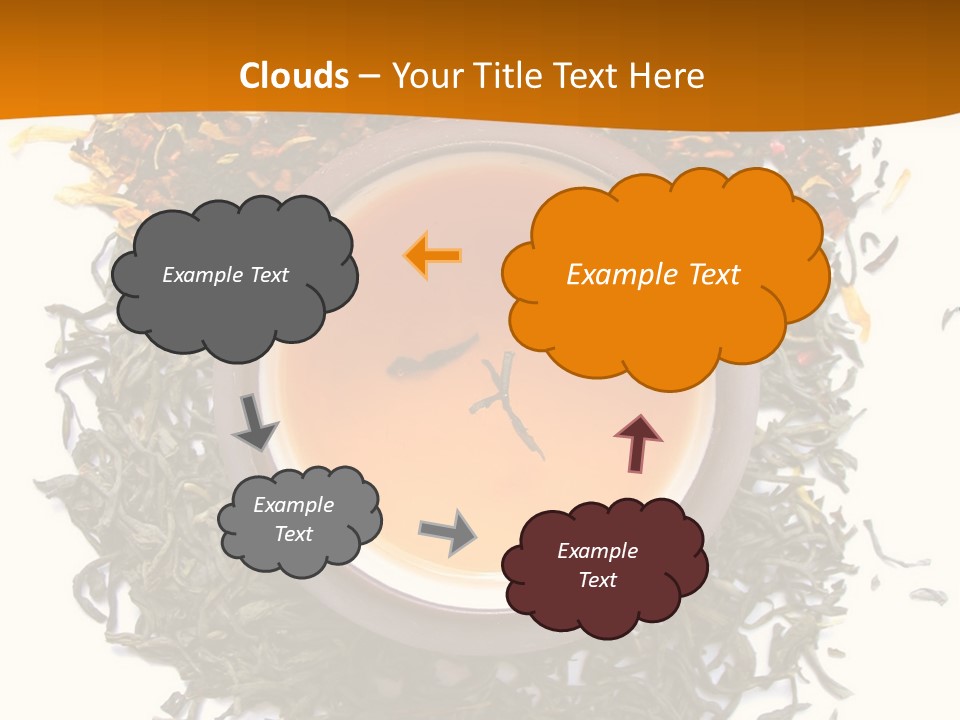 A Mix Green, Black And Flower Tea Leaves With Cup Of Tea PowerPoint Template