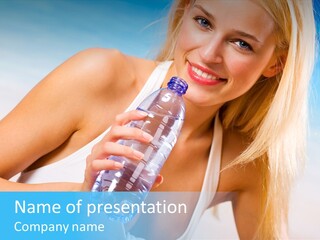 Portrait Of Beautiful Woman With Bottle Of Water On Beach PowerPoint Template