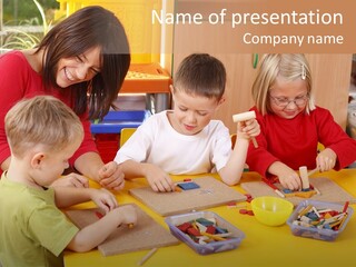 Teacher And Three Preschoolers Playing With Wooden Blocks PowerPoint Template