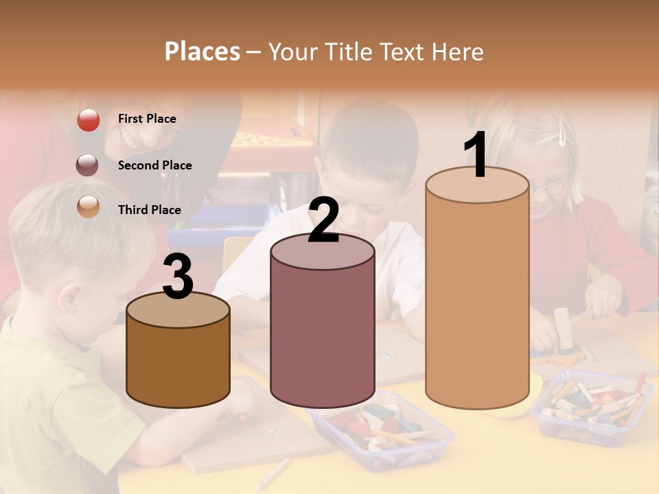 Teacher And Three Preschoolers Playing With Wooden Blocks PowerPoint Template