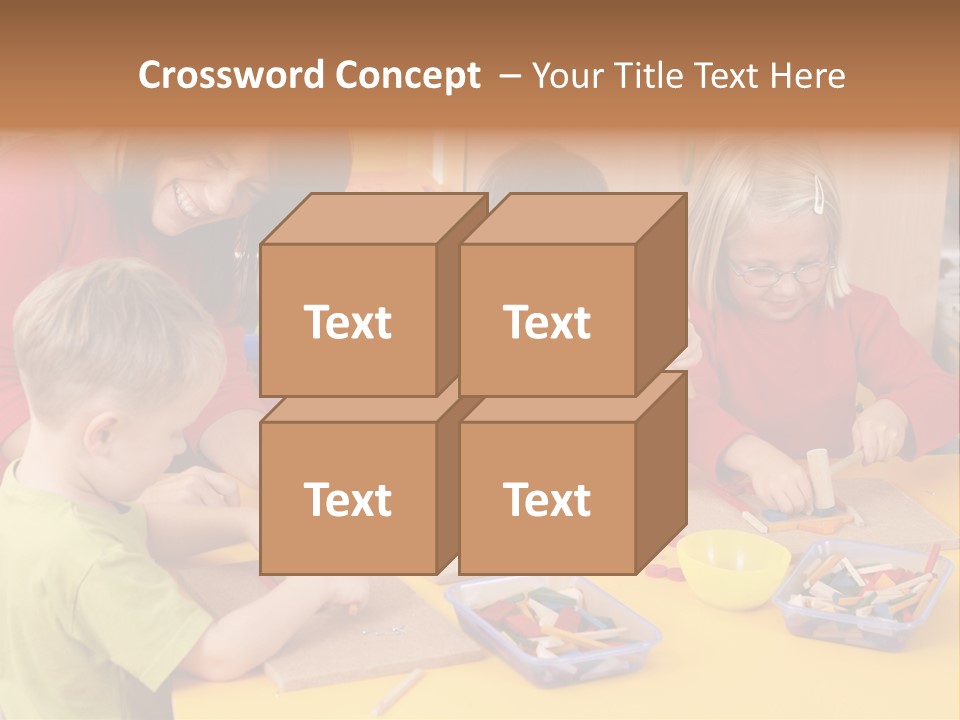 Teacher And Three Preschoolers Playing With Wooden Blocks PowerPoint Template