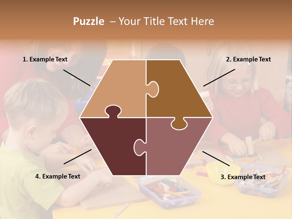 Teacher And Three Preschoolers Playing With Wooden Blocks PowerPoint Template