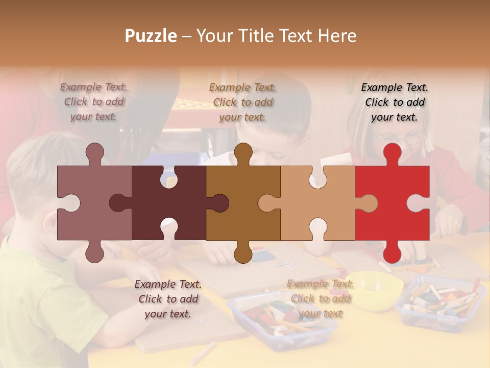 Teacher And Three Preschoolers Playing With Wooden Blocks PowerPoint Template