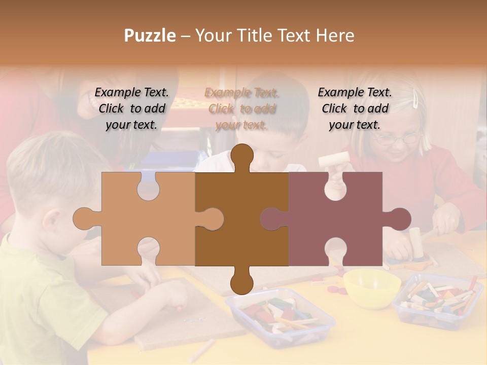 Teacher And Three Preschoolers Playing With Wooden Blocks PowerPoint Template