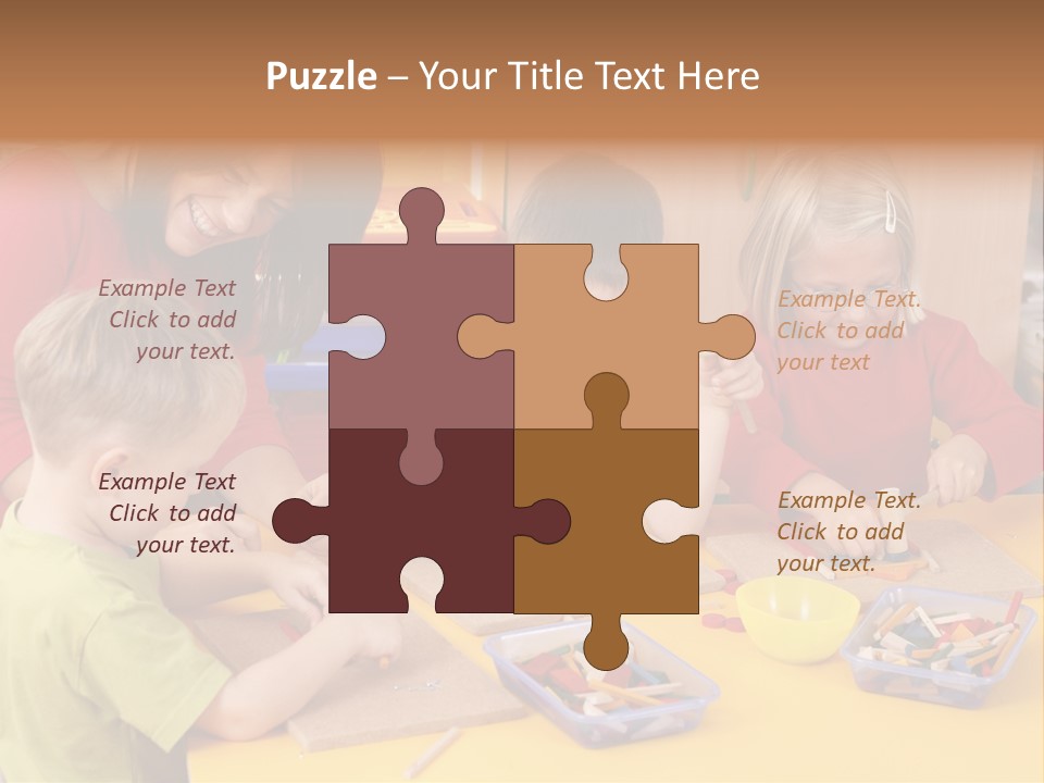 Teacher And Three Preschoolers Playing With Wooden Blocks PowerPoint Template