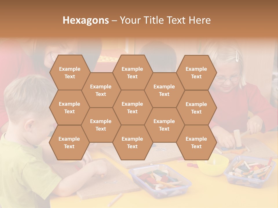 Teacher And Three Preschoolers Playing With Wooden Blocks PowerPoint Template