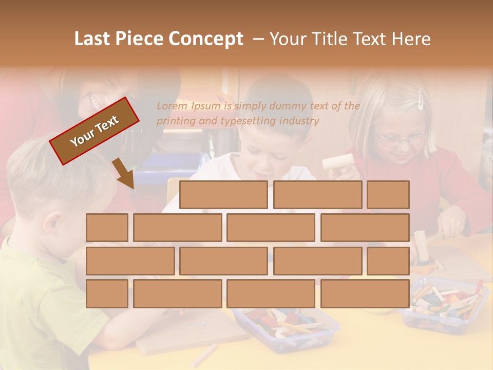 Teacher And Three Preschoolers Playing With Wooden Blocks PowerPoint Template
