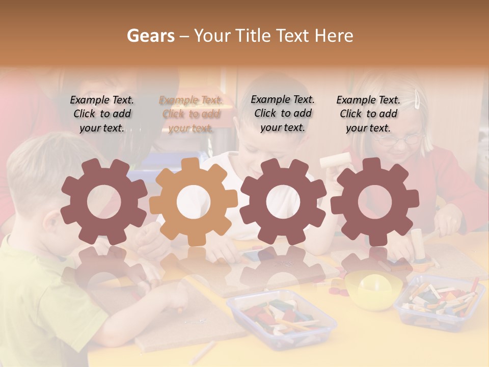 Teacher And Three Preschoolers Playing With Wooden Blocks PowerPoint Template