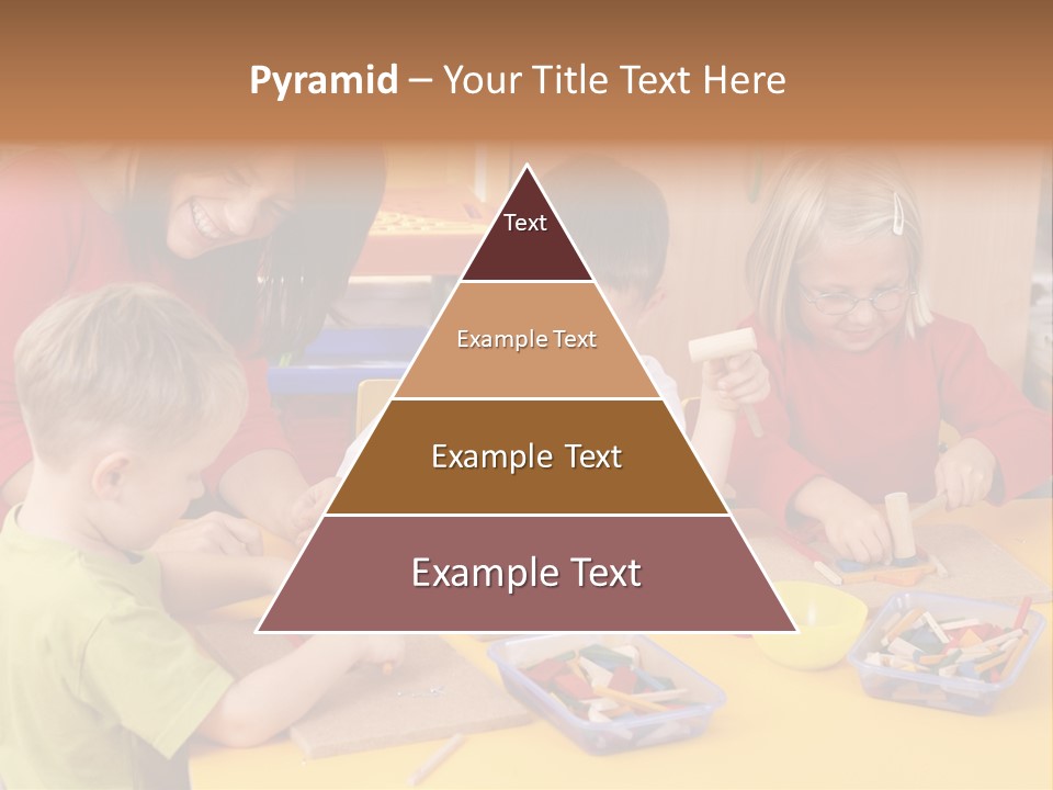 Teacher And Three Preschoolers Playing With Wooden Blocks PowerPoint Template