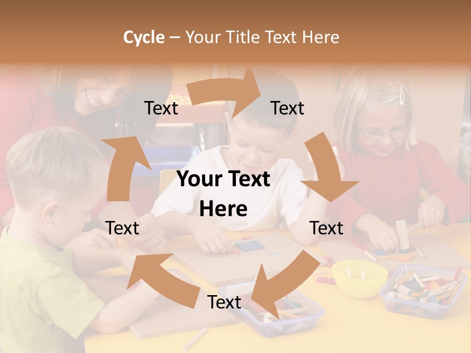 Teacher And Three Preschoolers Playing With Wooden Blocks PowerPoint Template