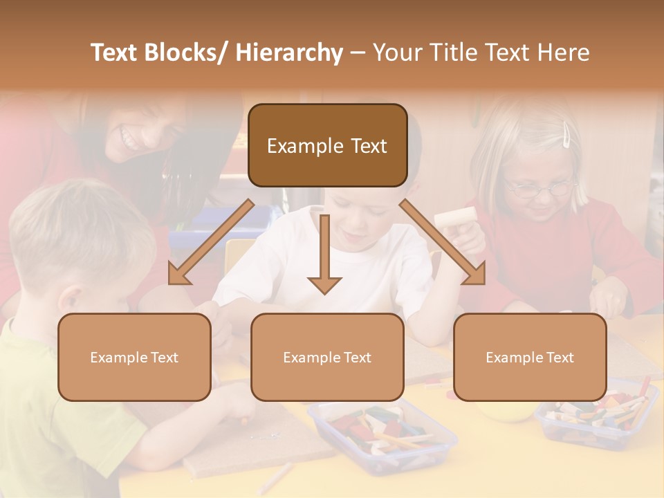 Teacher And Three Preschoolers Playing With Wooden Blocks PowerPoint Template