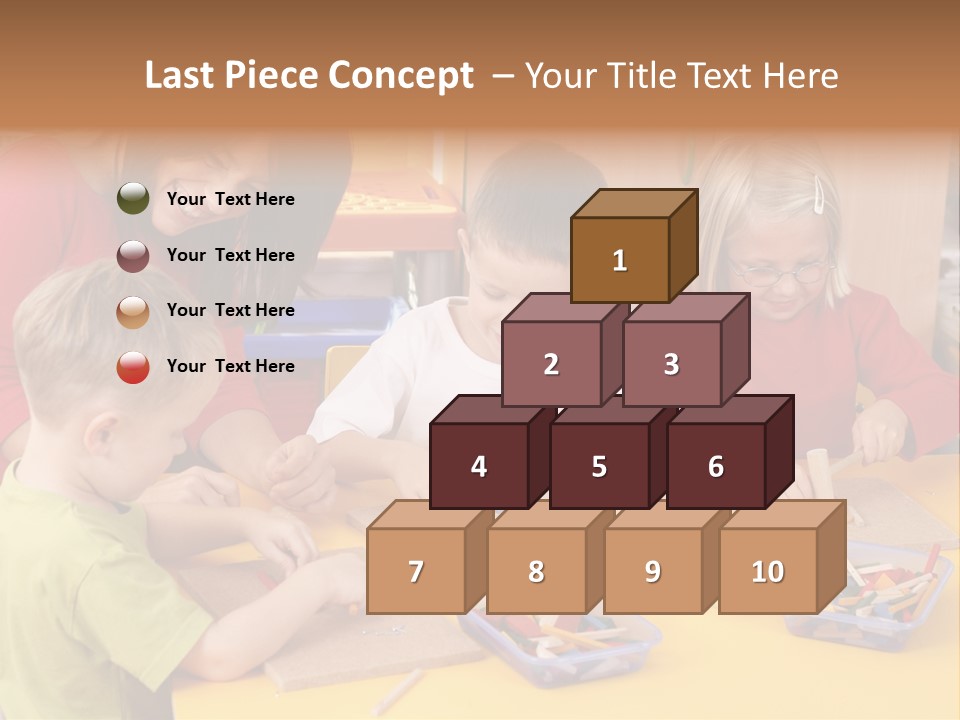 Teacher And Three Preschoolers Playing With Wooden Blocks PowerPoint Template