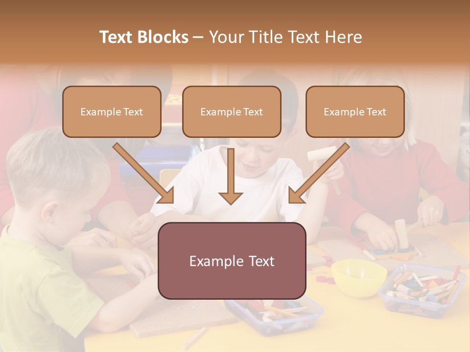 Teacher And Three Preschoolers Playing With Wooden Blocks PowerPoint Template