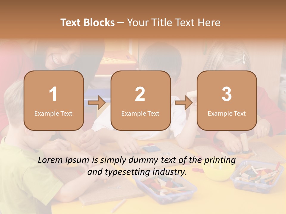 Teacher And Three Preschoolers Playing With Wooden Blocks PowerPoint Template