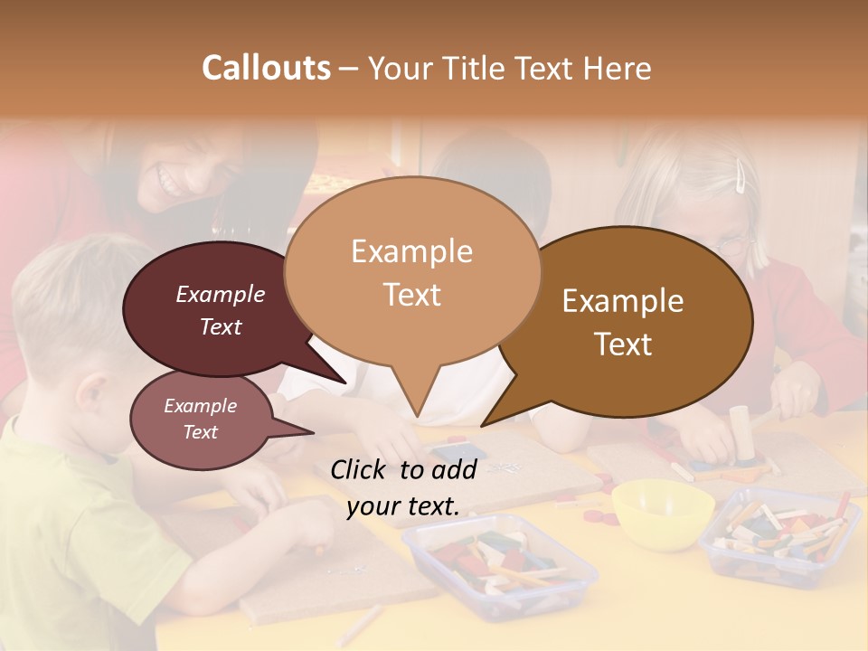 Teacher And Three Preschoolers Playing With Wooden Blocks PowerPoint Template