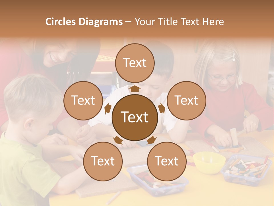 Teacher And Three Preschoolers Playing With Wooden Blocks PowerPoint Template