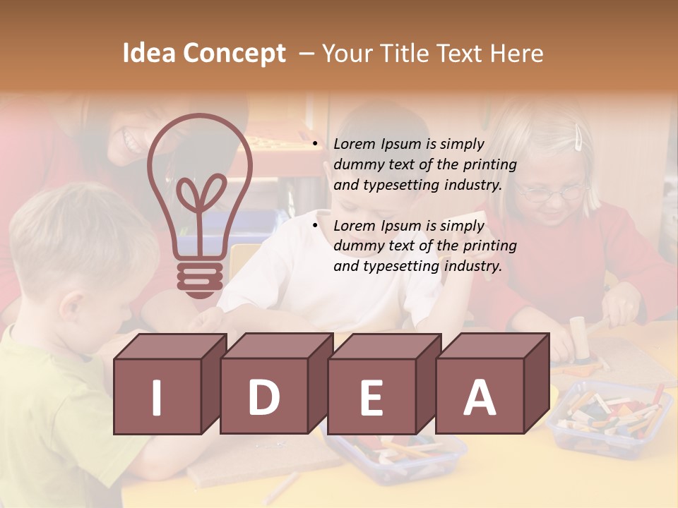 Teacher And Three Preschoolers Playing With Wooden Blocks PowerPoint Template